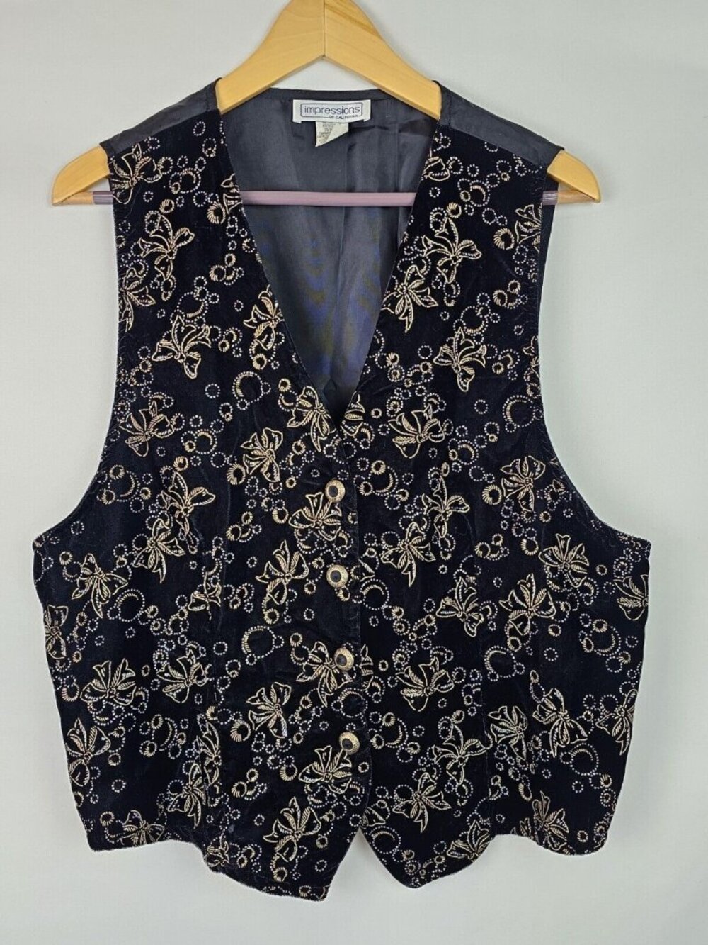 Impressions of California Vintage Christmas Vest Size XL Black Glitter Bows
